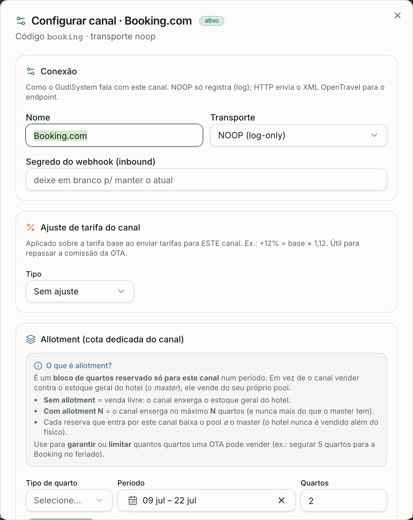 Gudi Canais · Configuração por canal