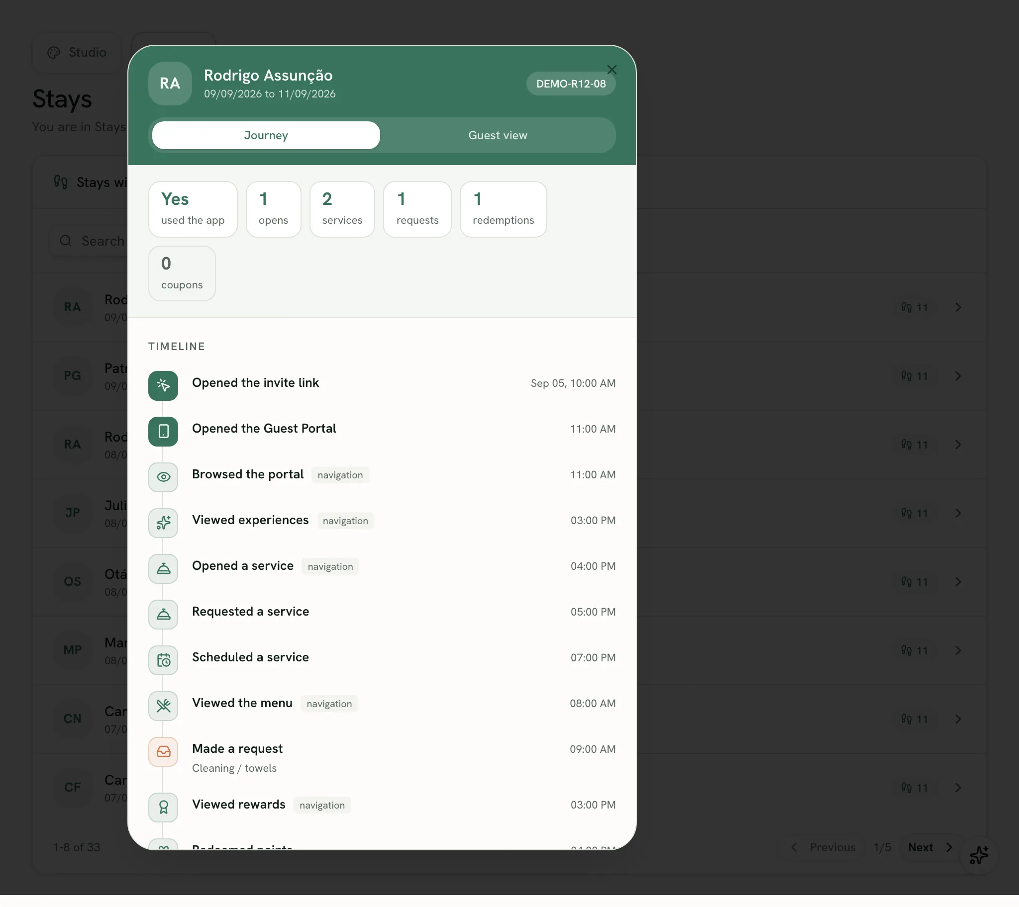 GudiSystem journey editor with the hotel's brand applied to the guest portal